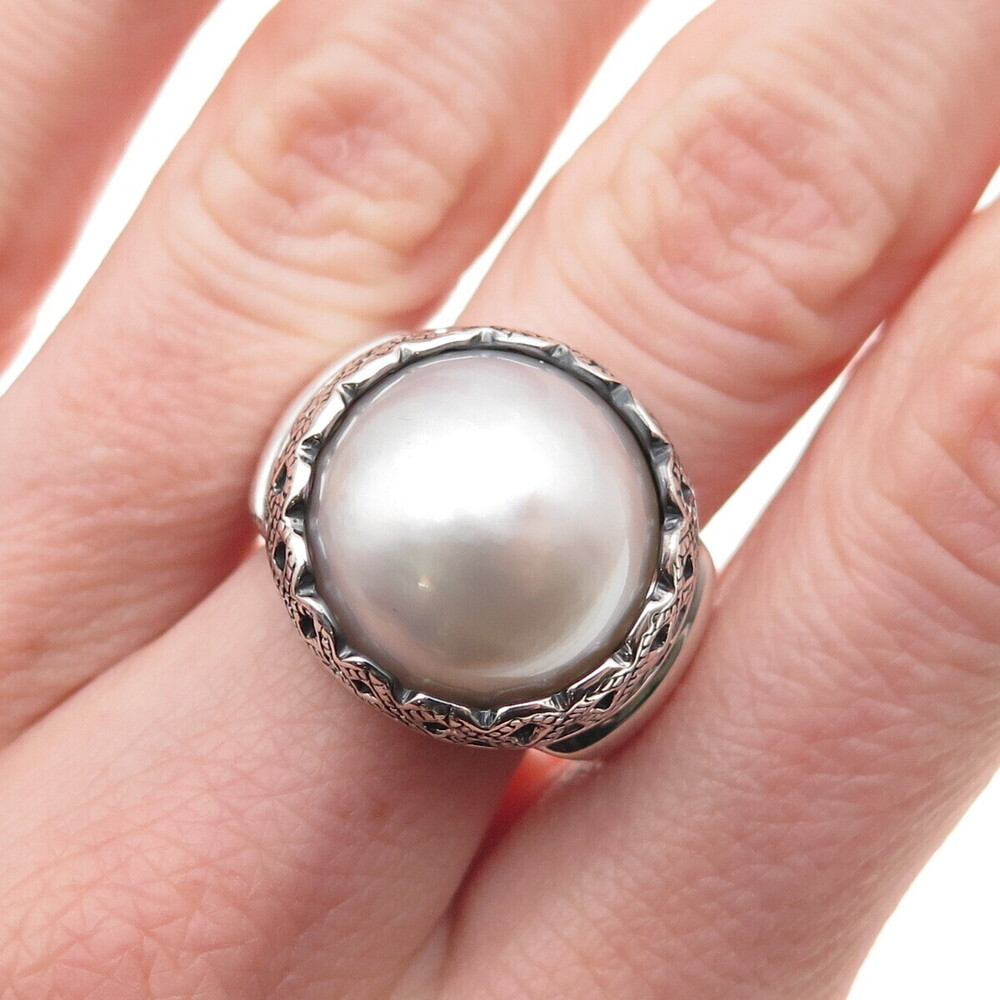 925 Sterling Silver Vintage WW Hong Kong Real Pearl Crown Oxidized Ring Size 8